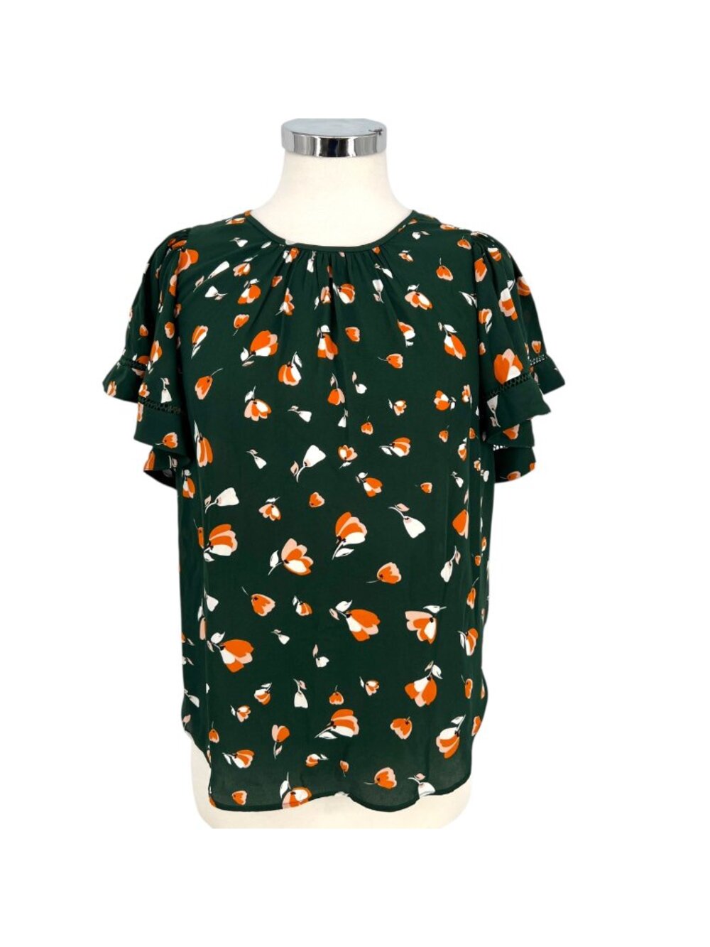 Ann Taylor Green Floral Ruffled Flutter Sleeve Blouse Size XS